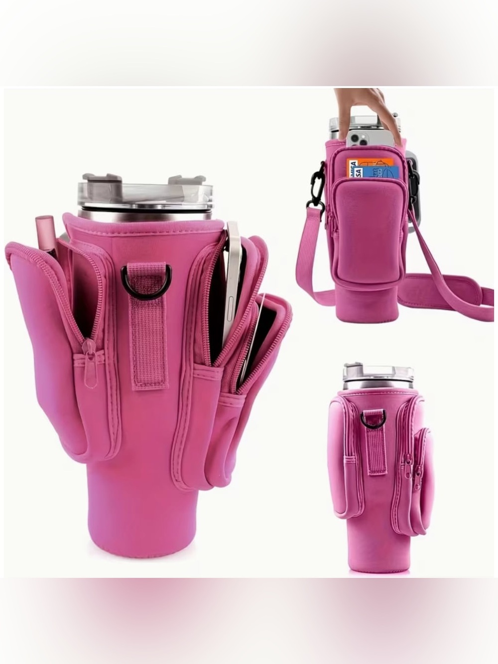 Dark Pink Tumbler Holder with Adjustable Strap and Pockets